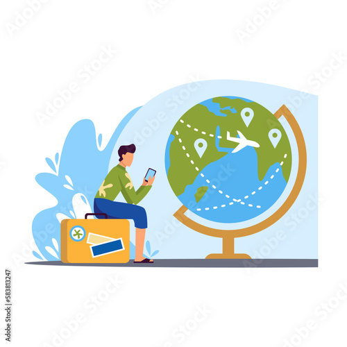 Tourist sits on his suitcase in front of travel map color 2d vector graphic. Passenger with baggage ready for trip and vacation around world. Travel abroad flat art, cartoon illustration