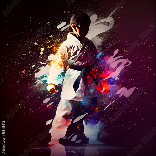Silhouette of a karateka on a colorful abstract background