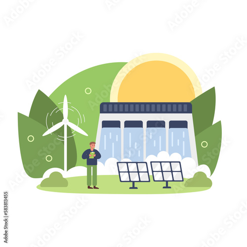 Range of renewable energy sources, hydropower, solar, and wind turbine. Man with panels, windmills, and hydroelectric in clean green nature. Color vector graphic flat art, cartoon illustration
