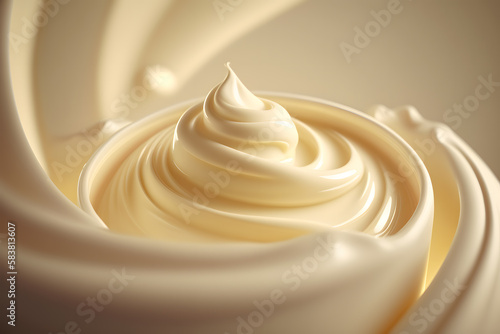 Close up of a creamy whipped cream swirl with copy space. Generative AI technology. 