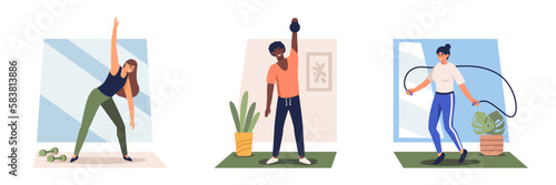 Set of sportive multiracial people doing fitness at home. Exercises with dumbbells and jump rope. Time for sports exercises. Physical activity. Healthy lifestyle. Training indoor. Vector