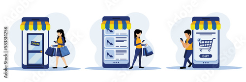 Online Shopping Concept. Women with bags in hands search at catalog of online store using smartphone and make purchases online. Man fills cart in online store. Vector illustration