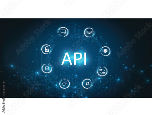 Application Programming Interface (API) on blue background. Software development tool, information technology, modern technology, internet.	
