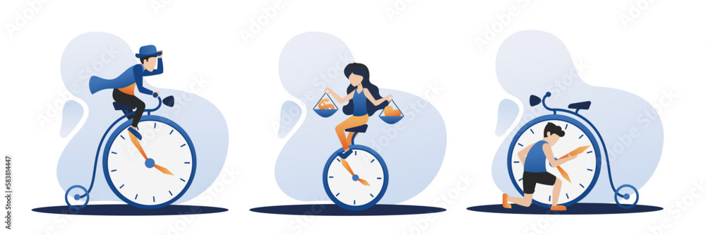 People rides time bike. Time management and deadline concept. Characters manage clock bicycles. Woman on bike balance between money and love. Man fix clock. Vector illustration People rides time bike. Time management and deadline concept. Characters manage clock bicycles. Woman on bike balance between money and love. Man fix clock. Vector illustration