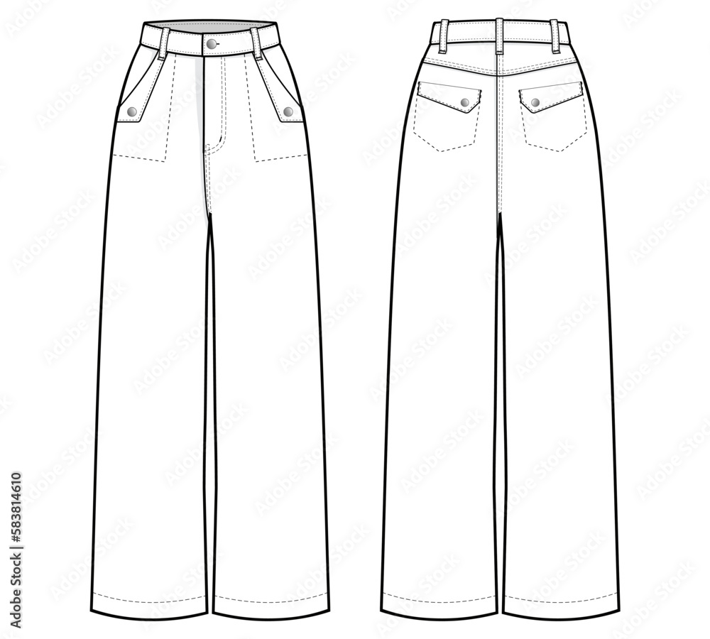 High Waist Denim Wide Leg Jeans with detailed pockets design. flat ...