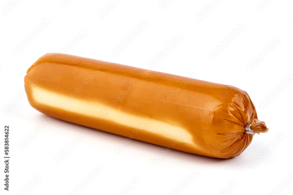 German Smoked cheese sausage, macro, isolated on white background. German Smoked cheese sausage, macro, isolated on white background.