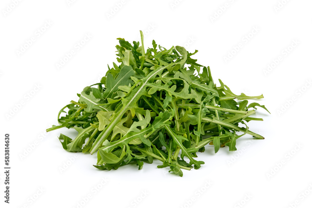 Fresh vegetarian arugula salad, isolated on white background. High resolution image.