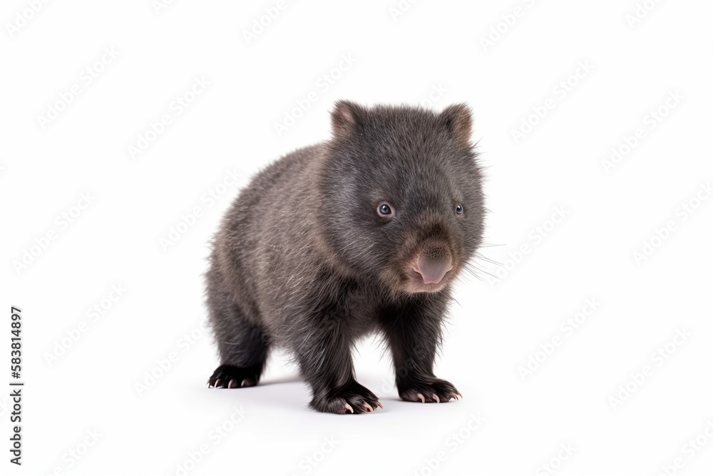Obraz premium The wombat joey is a herbivorous marsupial that is indigenous to Australia. It has a round body, short legs, and can burrow well. Its teeth are powerful, enabling it to gnaw on tough vegetation.