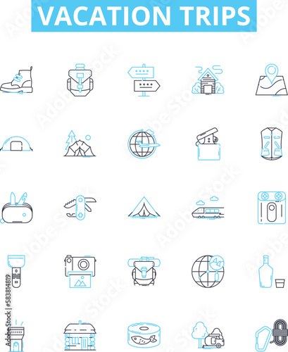 Vacation trips vector line icons set. Tours, Holidays, Travel, Cruises, Outings, Sightseeing, Adventures illustration outline concept symbols and signs