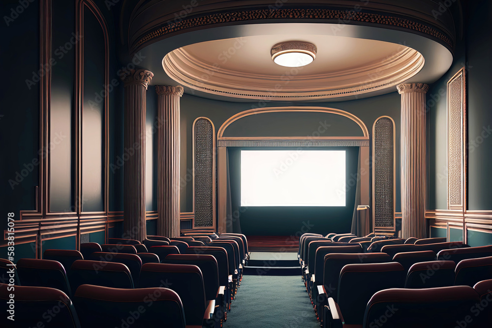 Cozy little movie theater as interior design illustration with white ...