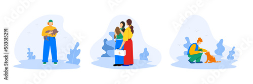 People care about homeless animals concept. Volunteers help the dogs. Veterinarian helping dog. Vector illustration flat cartoon style