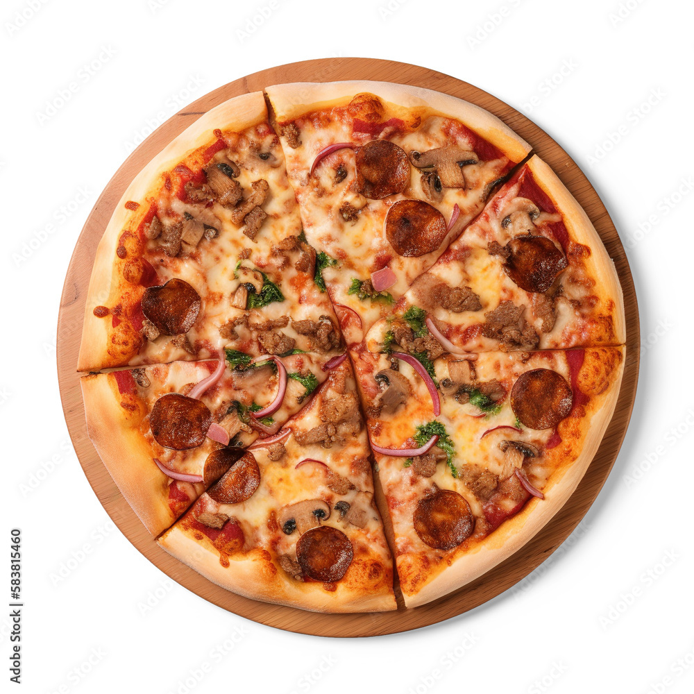 Freshly baked pizza. Isolated collection elements for design. AI generated. Top view, flatlay. Transparent PNG background. Freshly baked pizza. Isolated collection elements for design. AI generated. Top view, flatlay. Transparent PNG background.