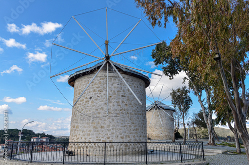 old stone windmills in town center of Alacati (Cesme, Izmir region, Turkey)
