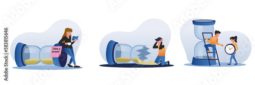 Time management and deadline concept with cartoon character. Woman with hourglass read book and has coffee break. Overdue deadline is hysterical in worker. Vector illustration