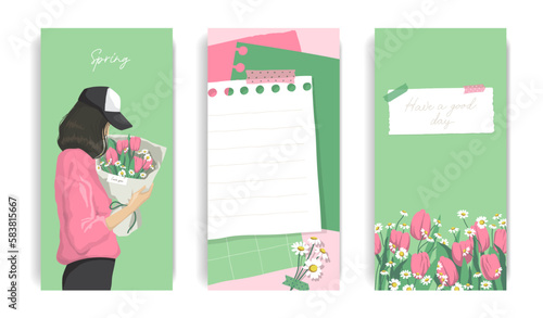 Design for social media. Set of spring stories templates. Mockup for personal blog. Scrapbook composition with notes paper, tapes, flowers elements and photo frame.