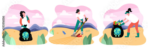 People clean garbage on beach. Characters cleaning toxic waste. Volunteers clean up plastic trach. Save ecology and environment protection concept. Vector illustration