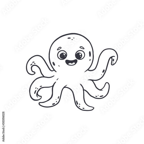 Funny cartoon octopus isolated on white background.Coloring book. Doodle. Black and white illustration.Vector 