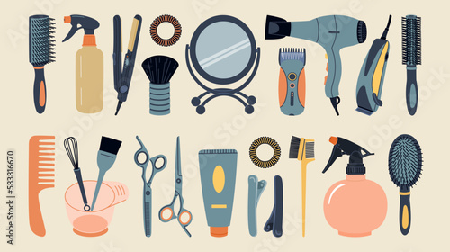Set of haircut tools, equipment and accessories. Hairdryer, hairbrush, razor, scissors and professional tools for barbershop. Hand drawn vector illustration isolated on light background, flat style.