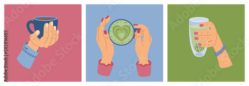 Set of woman hands holding a different cups of tea. Black or green tea and matcha, morning hot drink. Hand drawn vector illustration isolated on colored background. Modern flat cartoon style.