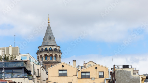 Galata Tower in Istanbul, Beautiful landmark Beyoglu district old houses with Galata tower, Turkey, Istanbul cityscape in Turkey with Galata Tower, Istanbul, Turkiye.