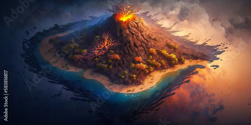 Aerial view of a volcano erupting on an island. The volcano is surrounded by smoke and ash, and lava can be seen flowing down the sides - Generative AI