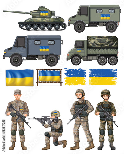 Set of military transportation and Ukraine flag