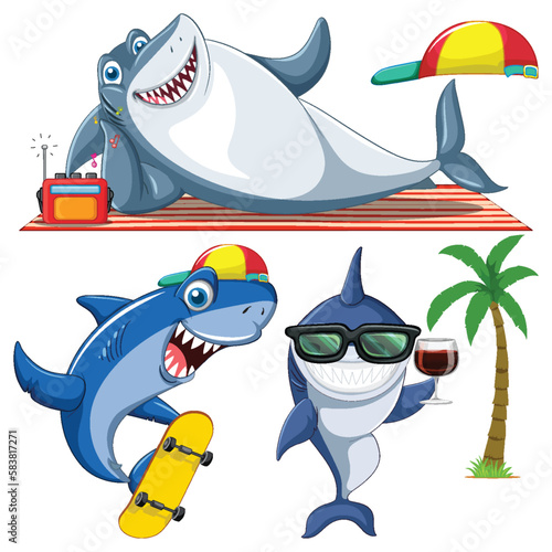 Set of sea creatures cartoon character in summer