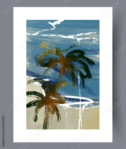 Landscape palm trees summer sea wall art print. Wall artwork for interior design. Printable minimal abstract palm trees poster. Contemporary decorative background with sea.