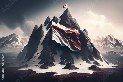 Digital mountain with flag on top. high mountain, generative ai