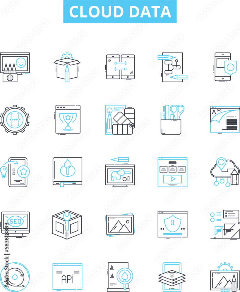 Cloud data vector line icons set. Cloud, Data, Storage, Platform, Computing, Backup, Virtualization illustration outline concept symbols and signs