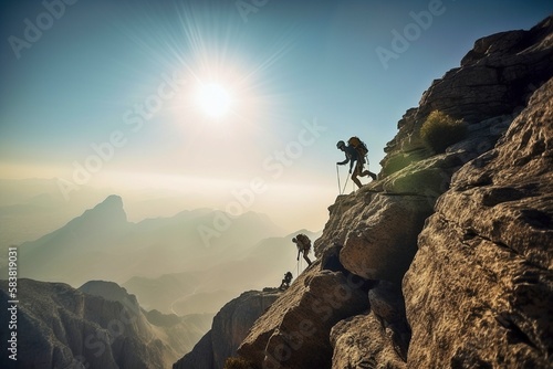 Determined Rock Climbers Scaling Sheer Cliff, Navigating Vertical Terrain, Generative AI