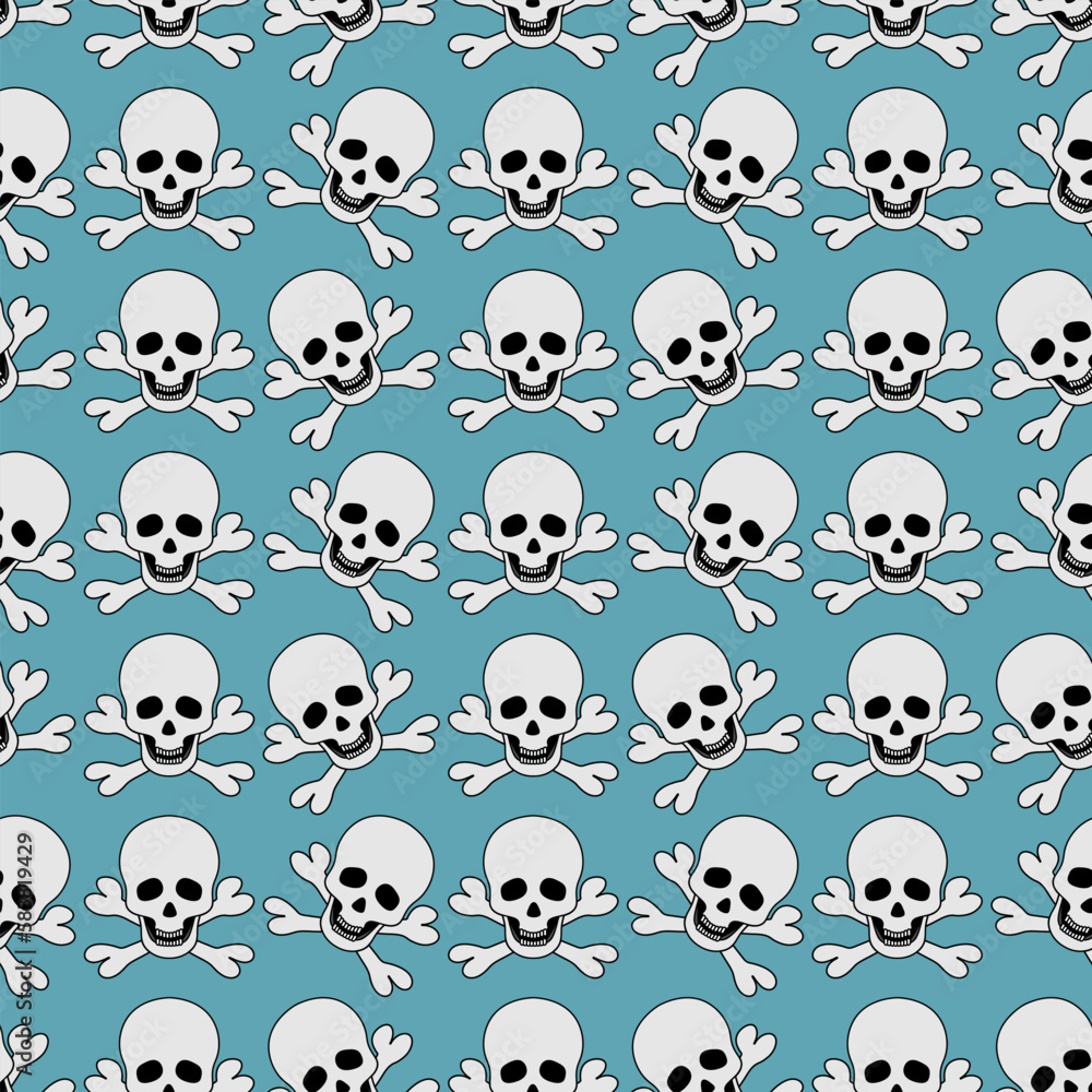 White skull and crossbones. Repeating vector pattern. Pirate symbol seamless ornament. Part of the skeleton. Isolated blue background. Jaw with straight teeth. Hollows instead of eyes and nose. 