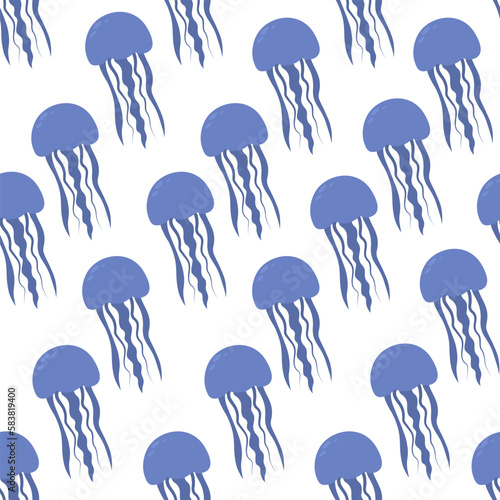 Blue medusa. Eared Aurelia. Seamless vector pattern. Endless ornament of marine invertebrates with tentacles. Flat style. Isolated background. Ocean dweller. Idea for web design.