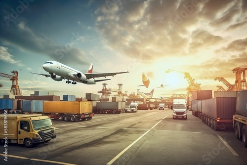 Business Logistics Concept, Plane, Truck, Train Import-Export Operations.