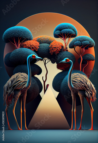 Beautiful geometric Ostriches concept, abstract  background. Generative AI technology.
 photo