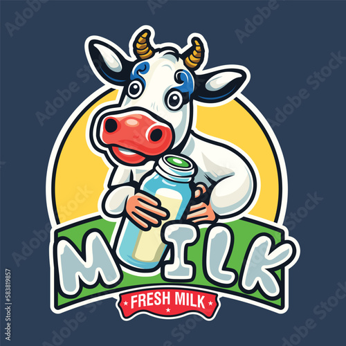 Milky Cow Cartoon logo. Cute Cow with Milk. Cow Logo concept with flat style