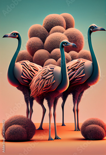 Beautiful geometric Ostriches concept, abstract  background. Generative AI technology.
 photo