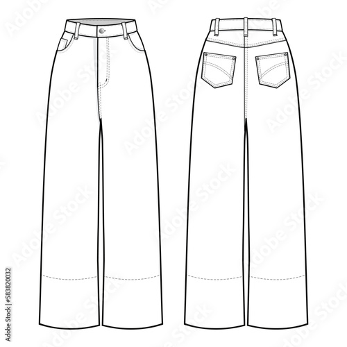 Unisex denim Jeans pants fashion flat technical drawing template. Jeans high waist, baggy straight fit, women, men, front view, back view, white, CAD mockup.