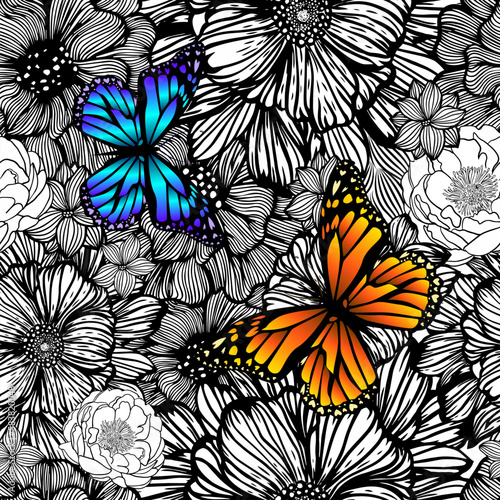 Seamless pattern of flowers from lines with colorful butterflies. Vector illustration. Line art