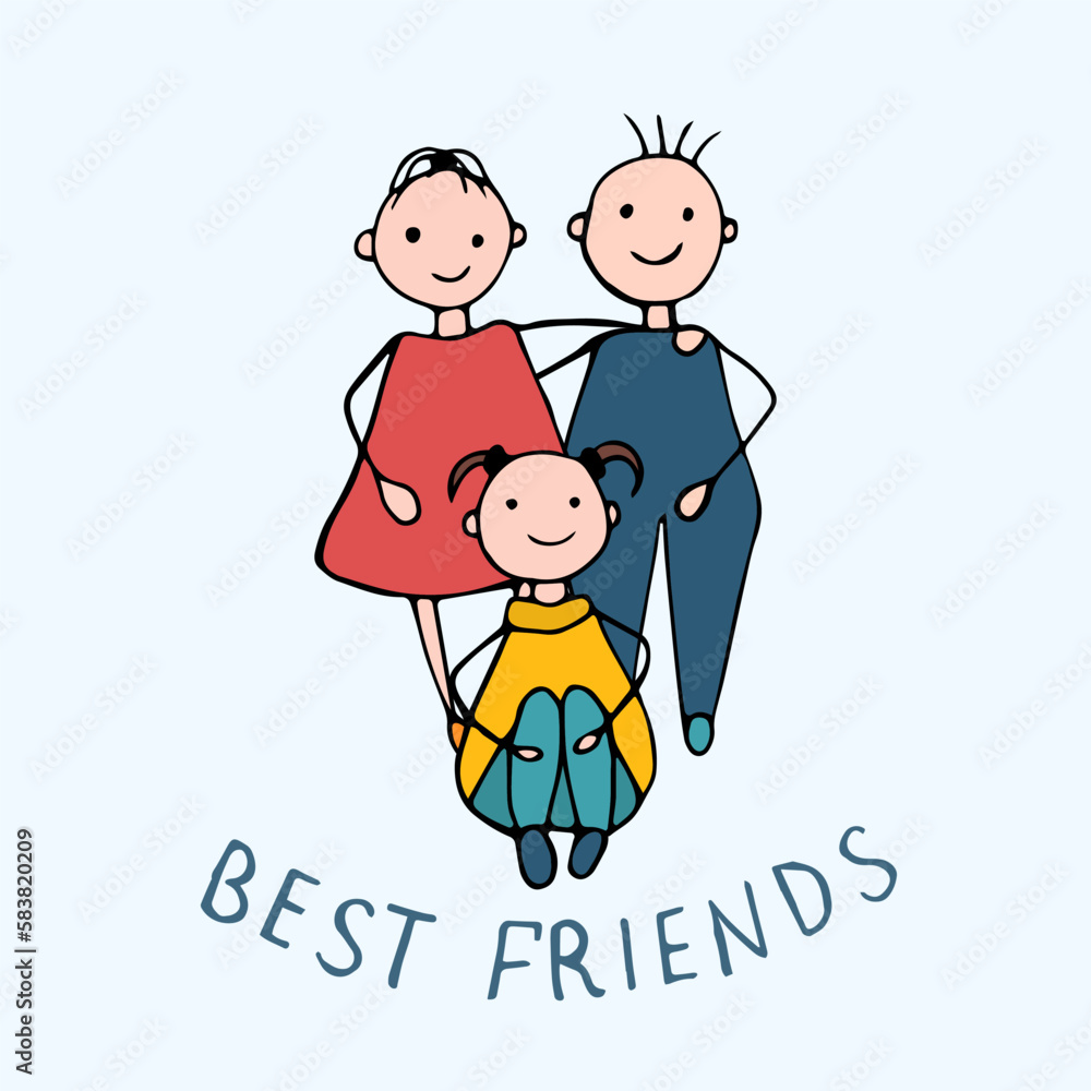 Happy three friends with the inscription best friends.Happy friendship day. Happy three friends with the inscription best friends.Happy friendship day.