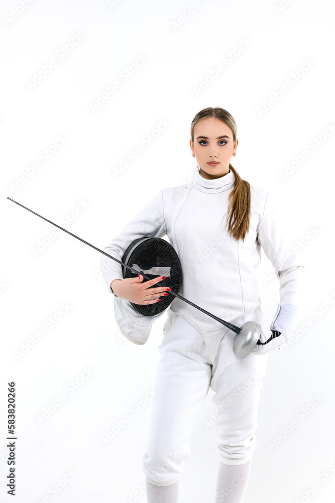 Portrait of a girl in a fencing costume with a mask and a sword Portrait of a girl in a fencing costume with a mask and a sword