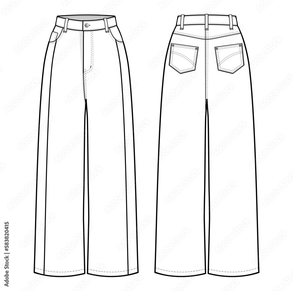 High Waist Loose Denim Wide Leg Jeans Pants fashion flat technical drawing  template. Jeans high waist, baggy straight fit, women, men, front view,  back view, white, CAD mockup. Stock Vector | Adobe