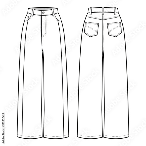 High Waist Loose Denim Wide Leg Jeans Pants fashion flat technical drawing template. Jeans high waist, baggy straight fit, women, men, front view, back view, white, CAD mockup.
