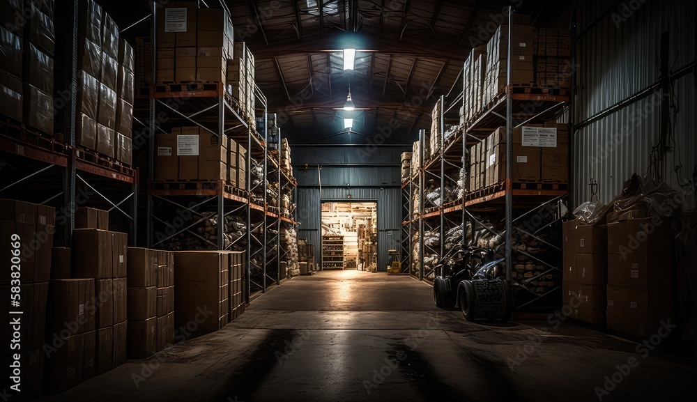 Panoramic view of a warehouse with modern technology and automation