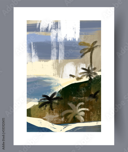 Landscape island tropical resort wall art print. Contemporary decorative background with resort. Printable minimal abstract island poster. Wall artwork for interior design. © aprint22com