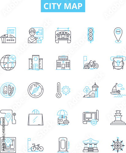 City map vector line icons set. City, Map, Urban, Layout, Cartography, Streets, Directions illustration outline concept symbols and signs