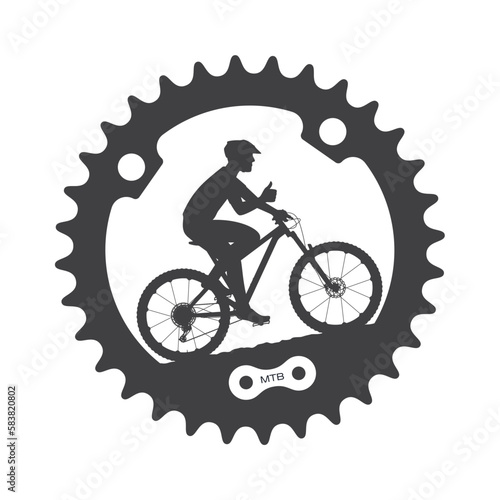Vector bicycle gear inside silhouette of a cyclist riding a bicycle showing OK gesture. Isolated on white background.