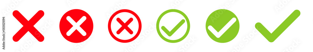 Green check mark and red cross vector illustration set. Checklist mark icon. Green check mark and red cross vector illustration set. Checklist mark icon.