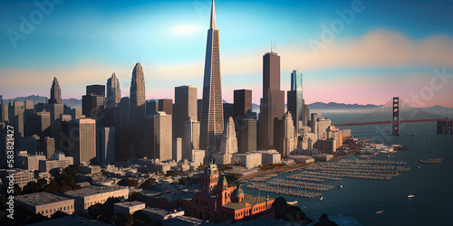 San Francisco cityscape at sunset with a golden hue - Generative AI