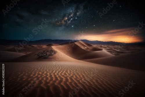 Wüstenlandschaft mit Sanddünen mit Sternenhimmel bei Nacht - Thema Urlaub oder Reisen - Generative AI Illustration